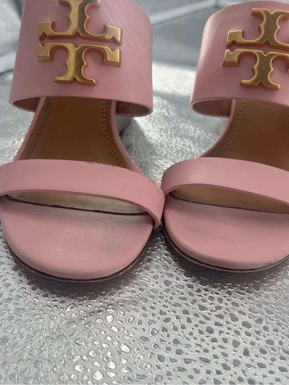 Tory Burch Pink Leather Gold Logo Block Heel Mules Size 5